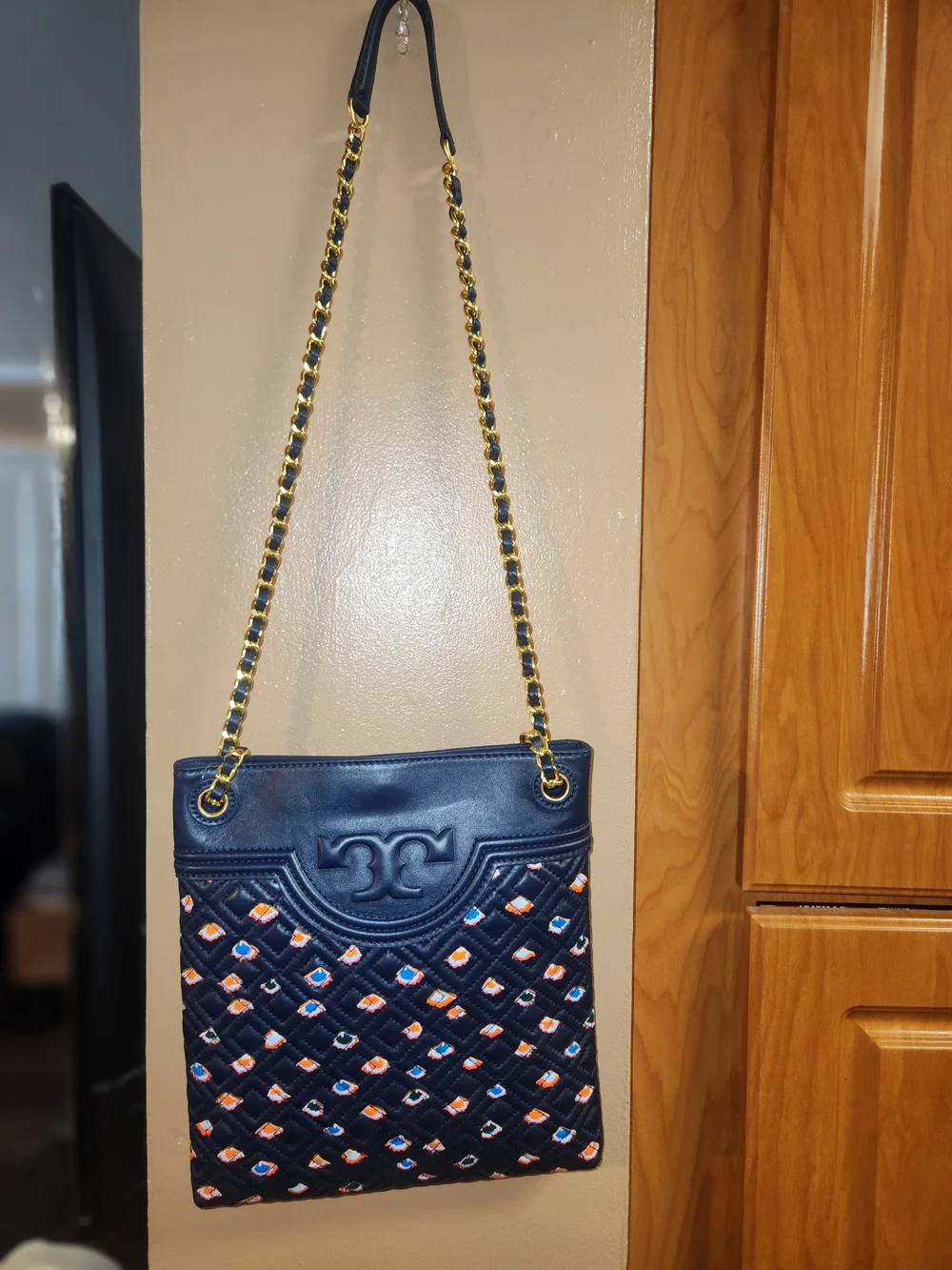 Tory Burch Navy Quilted Leather Crossbody with Multicolor Embroidered Accents
